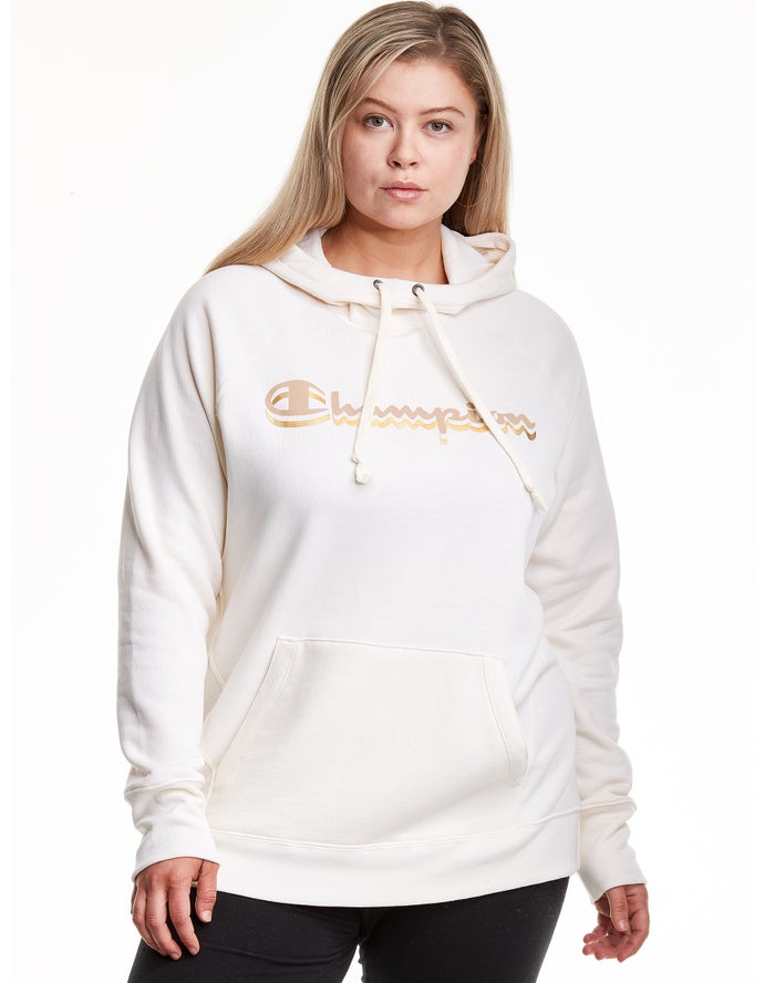 Champion Plus Powerblend Fleece Drop Shadow Foil Script Logo - Naisten Valkoinen Huppari - Suomi 905